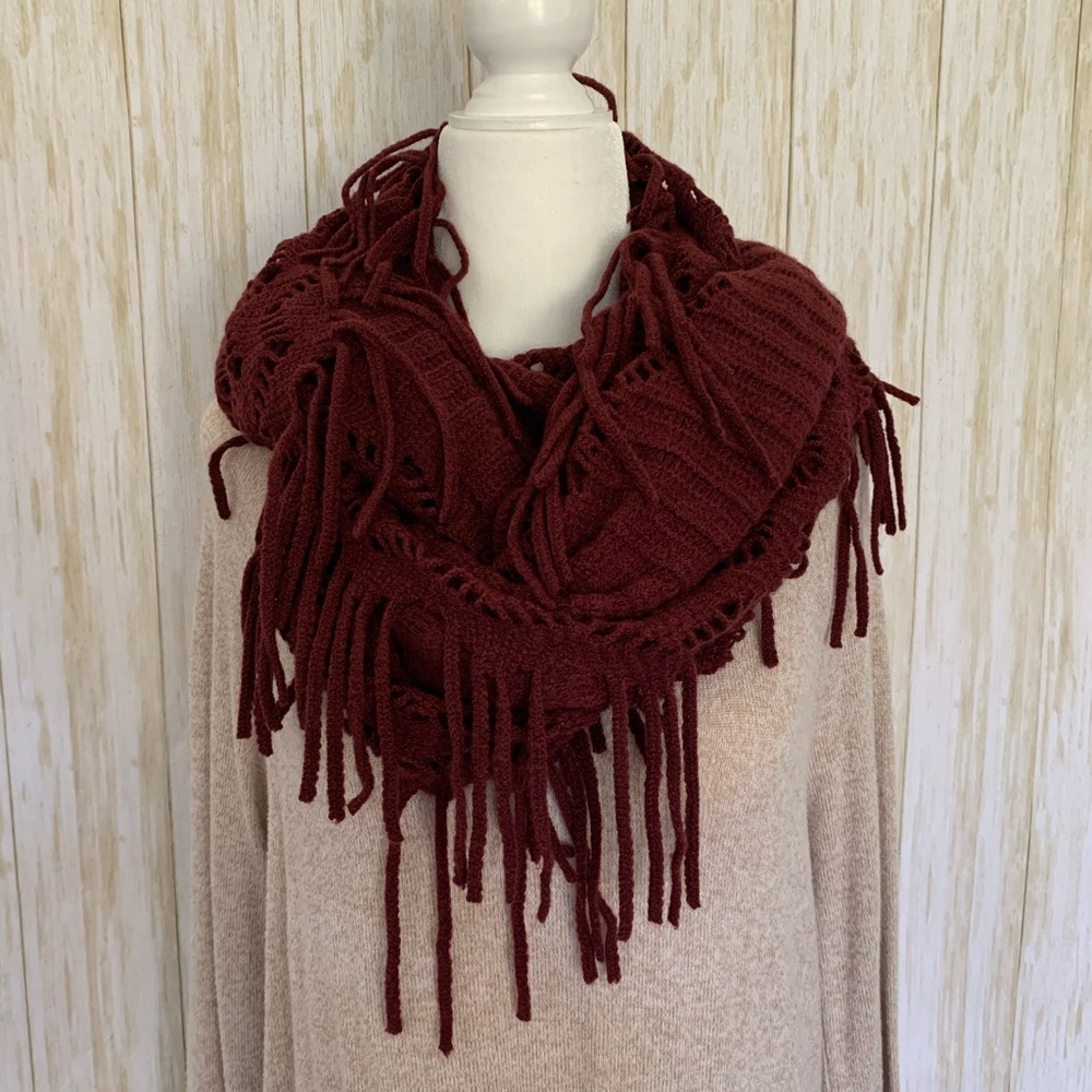 Vanity maroon fringe infinity scarf
